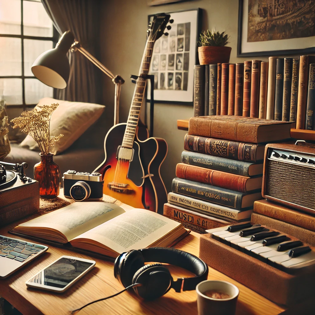 A cozy scene featuring a variety of books, music, and movie items in a warm and inviting setting