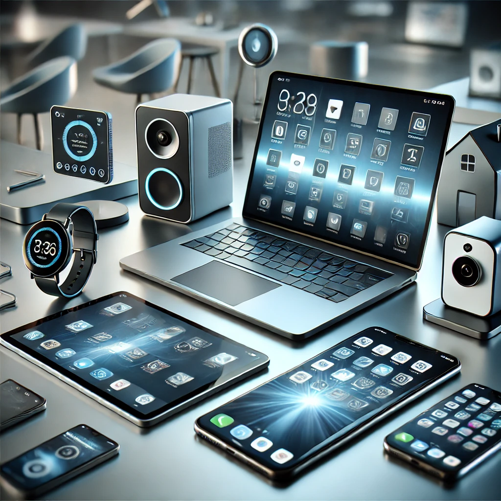 Variety of electronics including smartphones, laptops, tablets, and smart home devices in a sleek, high-tech setting