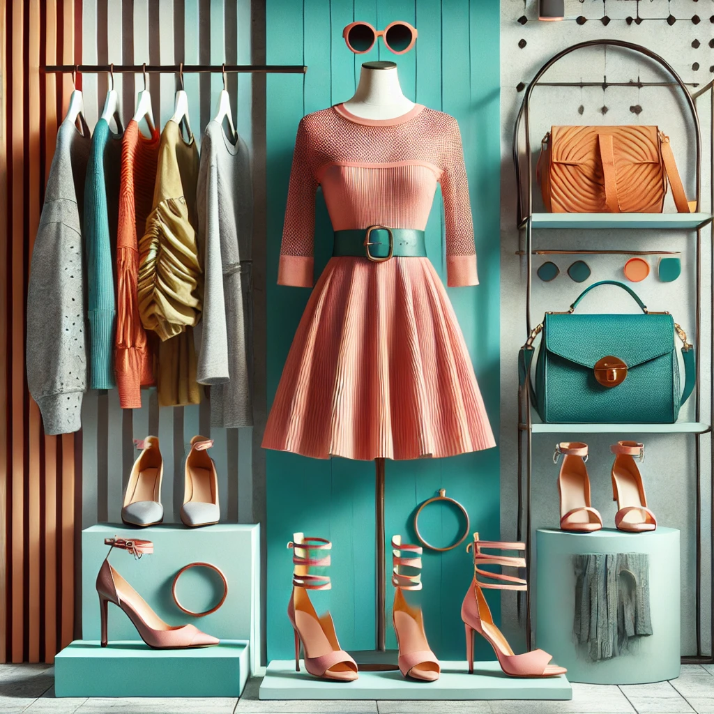Fashion display featuring a dress, shoes, handbag, and accessories in a vibrant setting.