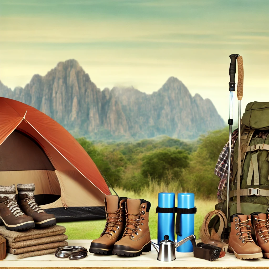 Camping and hiking gear including tents, backpacks, and hiking boots in a scenic outdoor setting with mountains or forests
