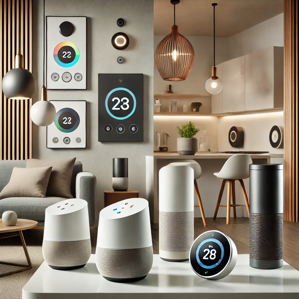 Home gadgets including smart speakers, smart thermostats, and automated lighting in a modern home setting.