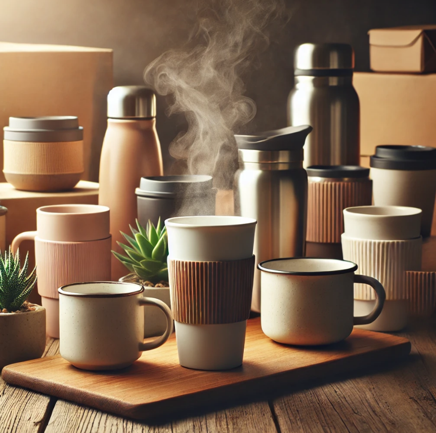 Insulated cups and mugs with steam rising from hot beverages on a wooden table in a cozy setting