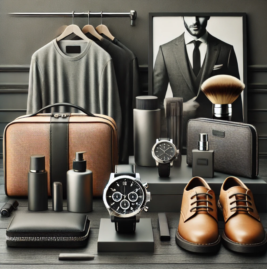 Products for the modern man including grooming kits, watches, wallets, and tech gadgets in a sleek and minimalistic setting