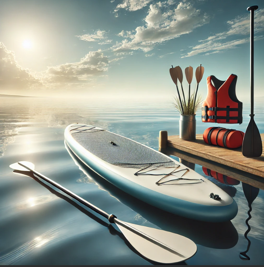 Paddleboard with paddles and a life vest on calm waters, with a serene lake or coastal backdrop